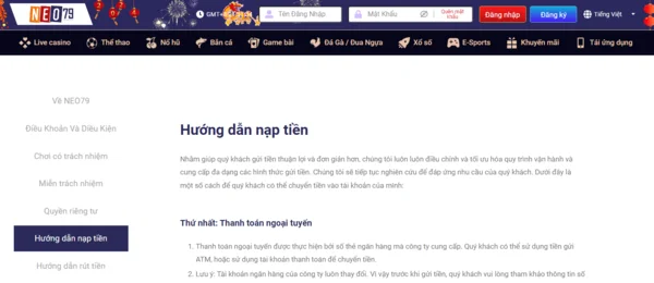 Hướng dẫn nạp tiền NEO79 chi tiết trong mục “Hướng dẫn nạp tiền”