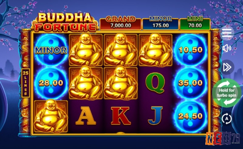 Game slot Buddha Fortune sở hữu lưới 5x3 cùng 25 dòng thanh toán