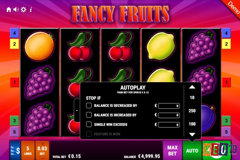 Game slot Fancy Fruit Roar có một lối chơi đơn giản và dễ hiểu, bạn có thể dùng Autoplay để rảnh tay